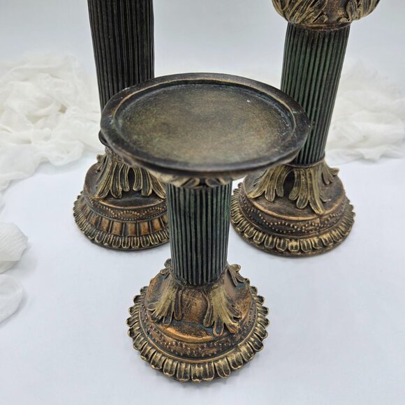 Set of 3 Roman Style Candlesticks | Vintage Green & Gold Pillar Candle Holders - Picture 7 of 12